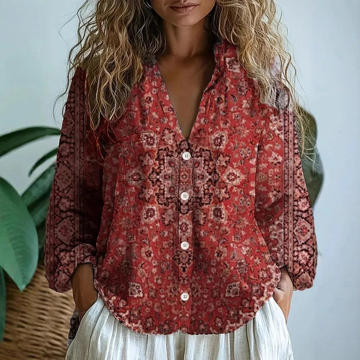 Women’s Long Sleeve Blouse Embroidered Floral V-Neck Design 5
