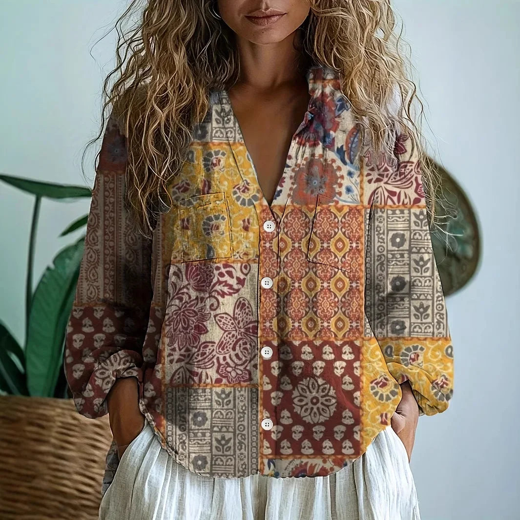 Women’s Long Sleeve Blouse Embroidered Floral V-Neck Design 6