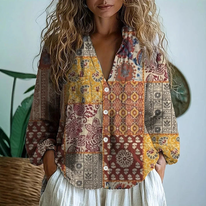 Women’s Long Sleeve Blouse Embroidered Floral V-Neck Design 6