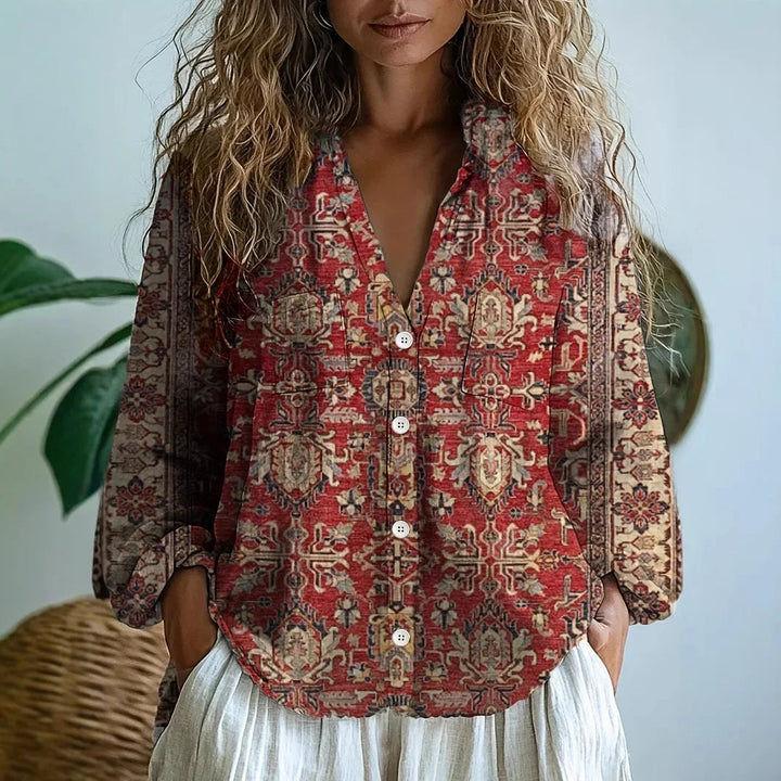 Women’s Long Sleeve Blouse Embroidered Floral V-Neck Design 7
