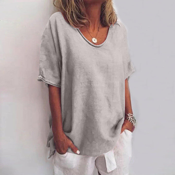 Women’s Loose V-Neck Blouse Short Sleeve in Soft Pink for Summer 0