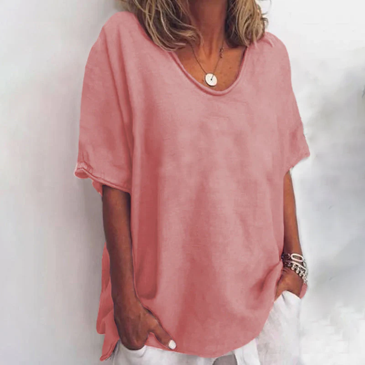 Women’s Loose V-Neck Blouse Short Sleeve in Soft Pink for Summer 1