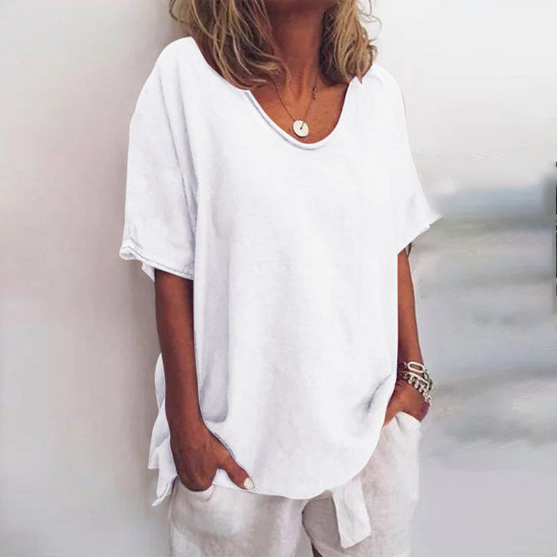 Women’s Loose V-Neck Blouse Short Sleeve in Soft Pink for Summer 2
