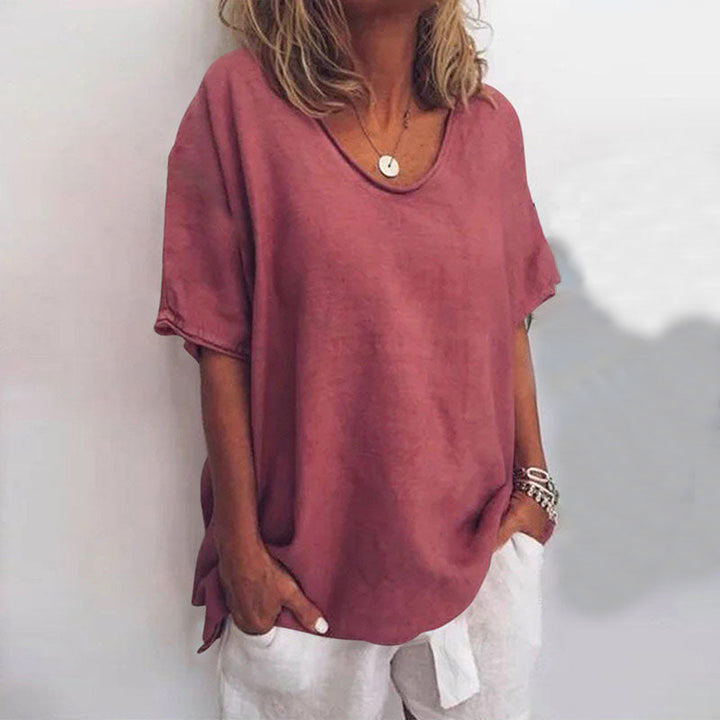 Women’s Loose V-Neck Blouse Short Sleeve in Soft Pink for Summer 5