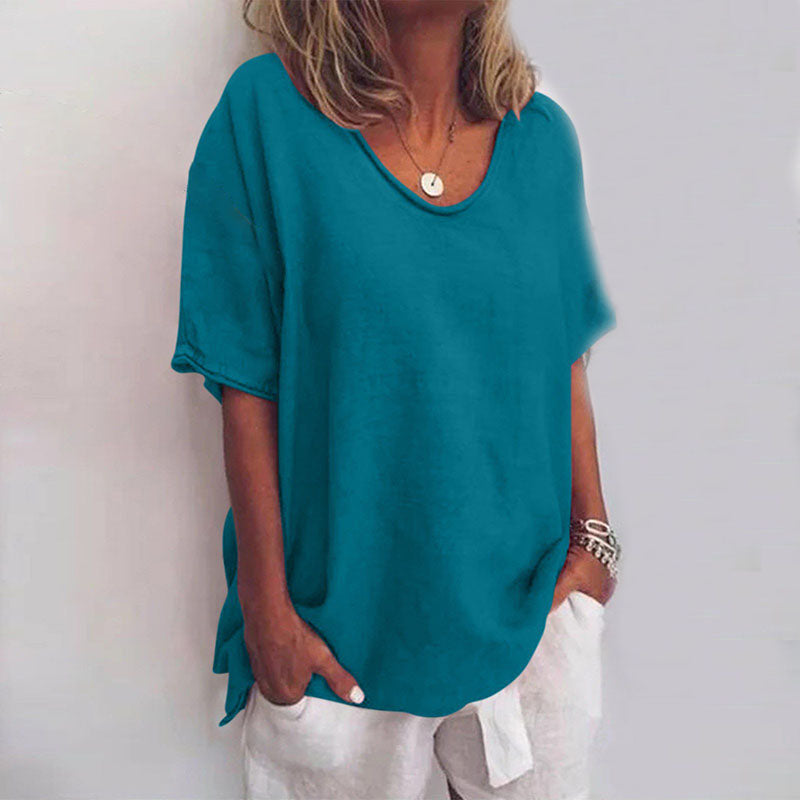 Women’s Loose V-Neck Blouse Short Sleeve in Soft Pink for Summer 6