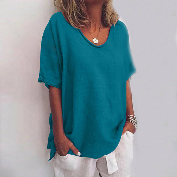 Women’s Loose V-Neck Blouse Short Sleeve in Soft Pink for Summer 6