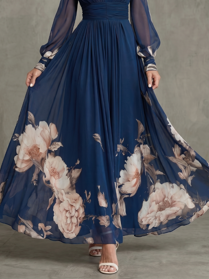 Women’s Maxi Dress Pleated Sheer Sleeves and Defined Waist 2
