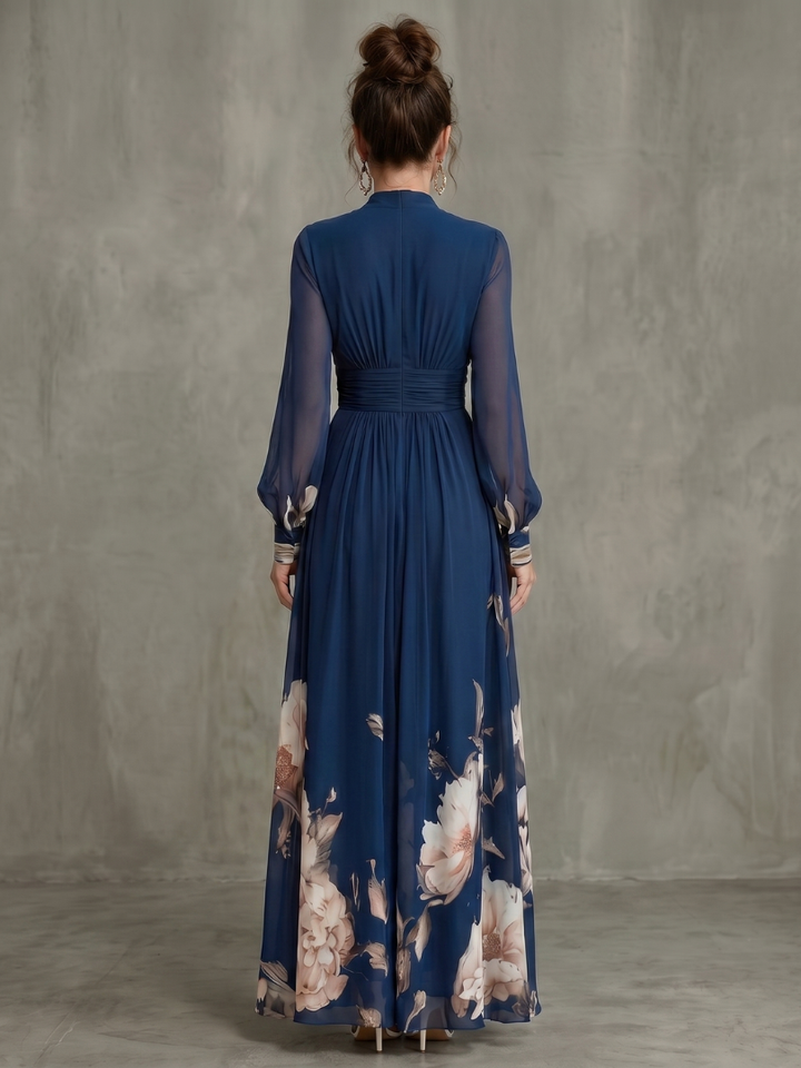 Women’s Maxi Dress Pleated Sheer Sleeves and Defined Waist 3