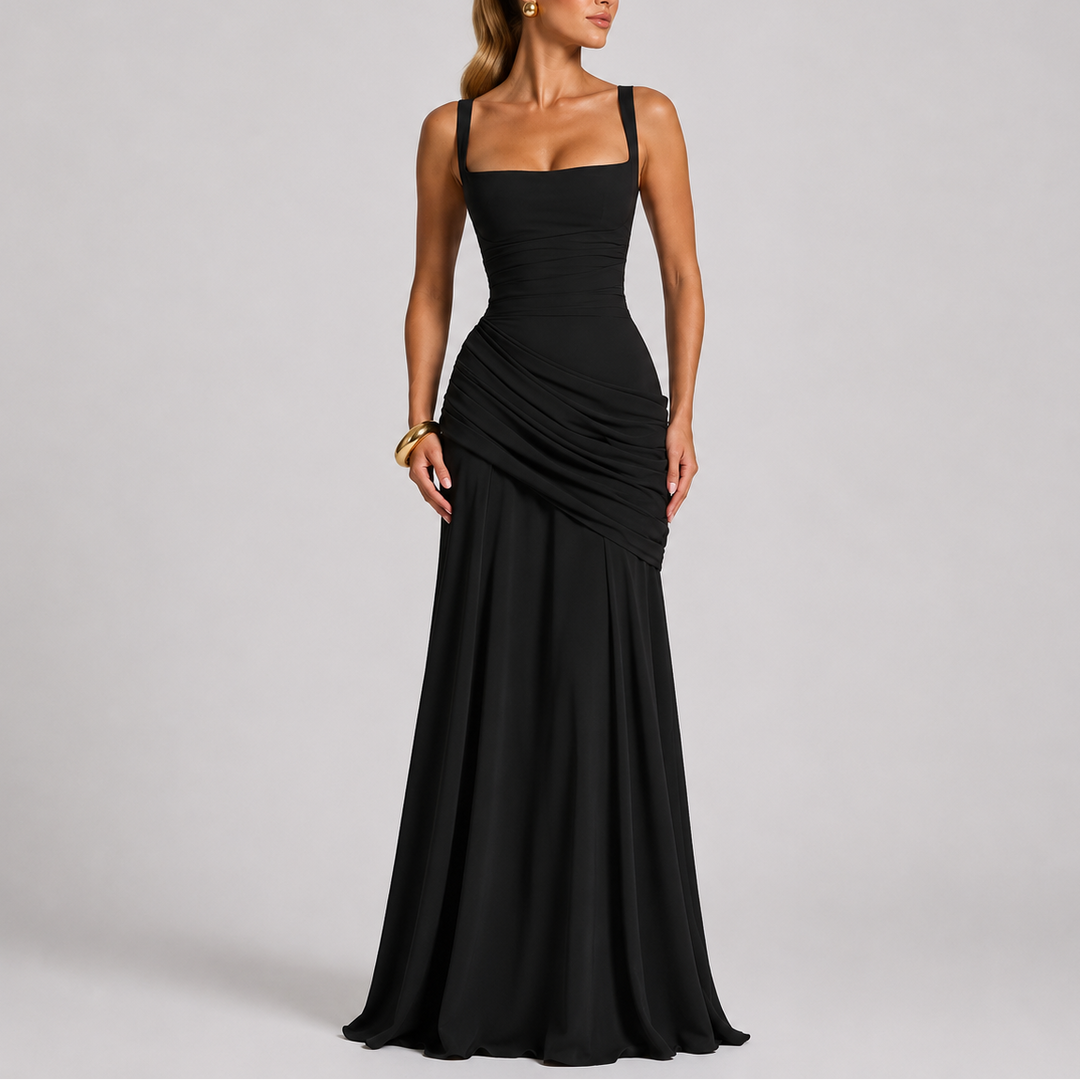 Women’s Maxi Evening Dress with Ruched Waist and Square Neckline 0