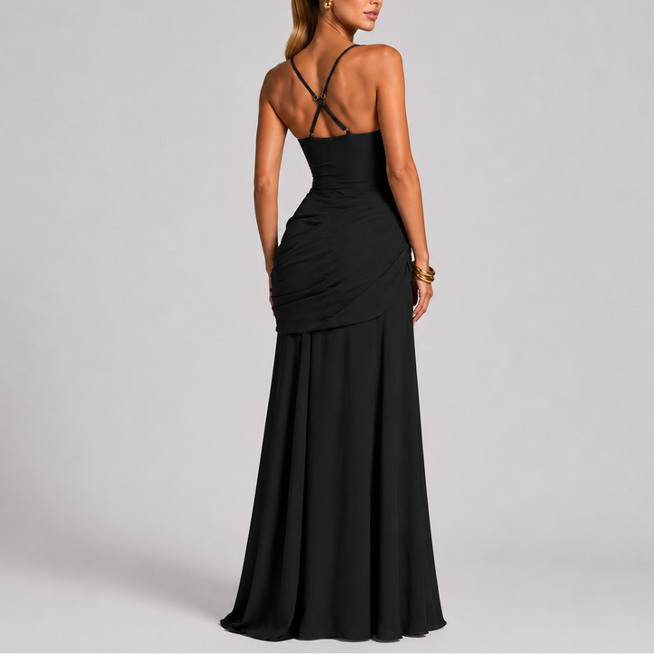 Women’s Maxi Evening Dress with Ruched Waist and Square Neckline 1
