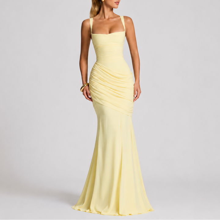 Women’s Maxi Evening Dress with Ruched Waist and Square Neckline 2