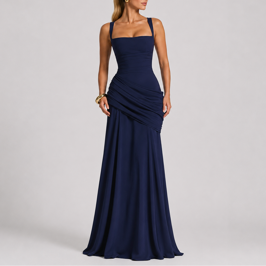 Women’s Maxi Evening Dress with Ruched Waist and Square Neckline 6