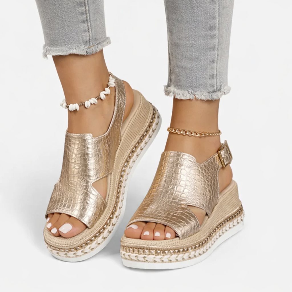 Women’s Metallic Croc-Effect Wedge Sandals with Espadrille Platform 1