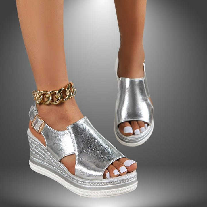 Women’s Metallic Silver Platform Sandals with Gold Chain Detail 1