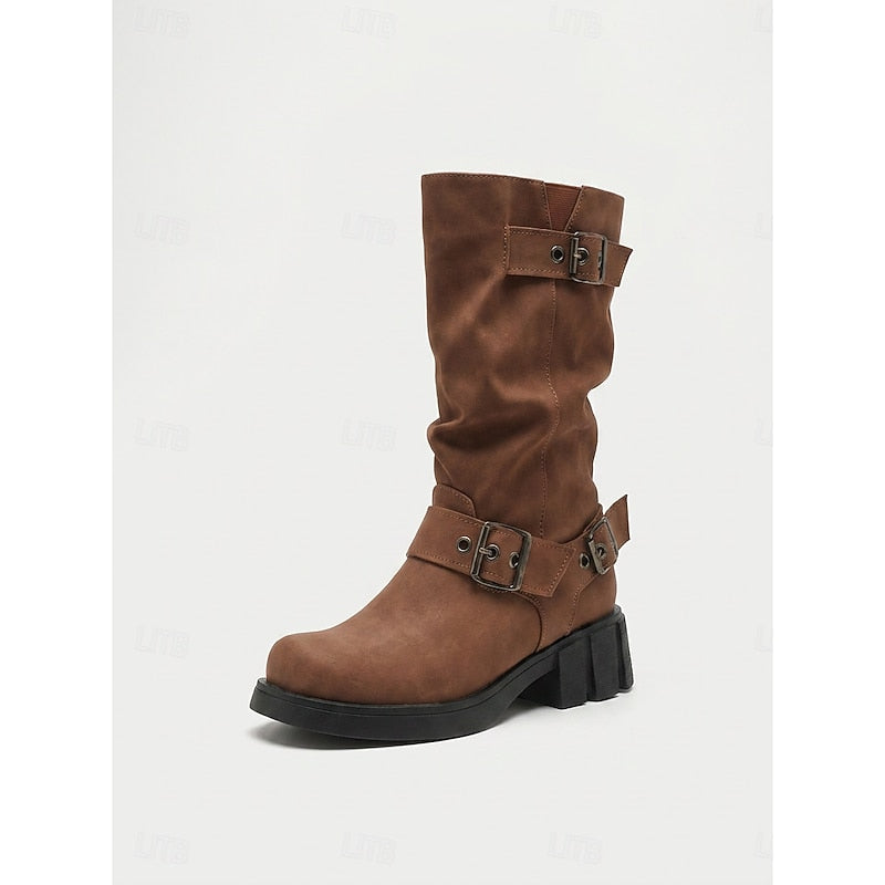 Women’s Mid-Calf Biker Boots with Buckle Detail 10