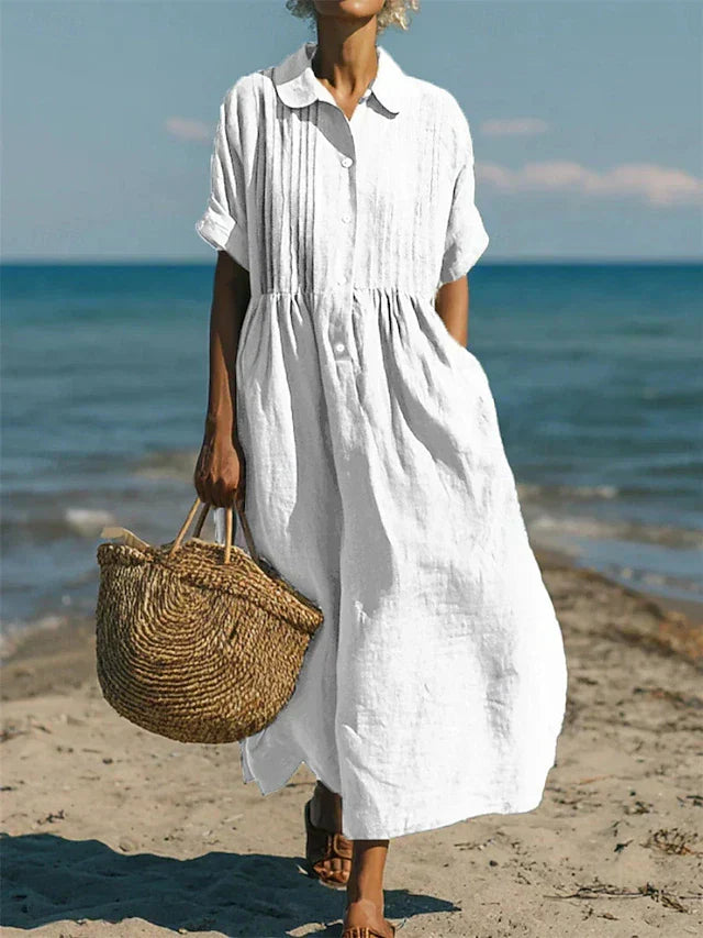 Women’s Midi Dress Breathable Cotton Button-Front Summer Style 0