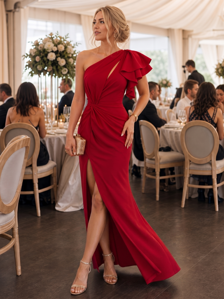 Women’s Midi Dress One Shoulder Draped Bodice Elegant Style 4
