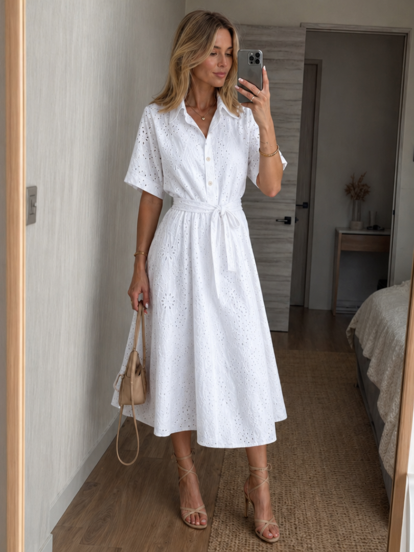 Women’s Midi Dress Short Sleeve Button Front with Waist Tie 0