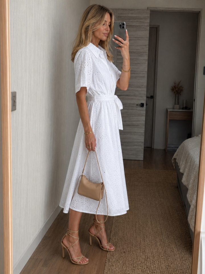 Women’s Midi Dress Short Sleeve Button Front with Waist Tie 1