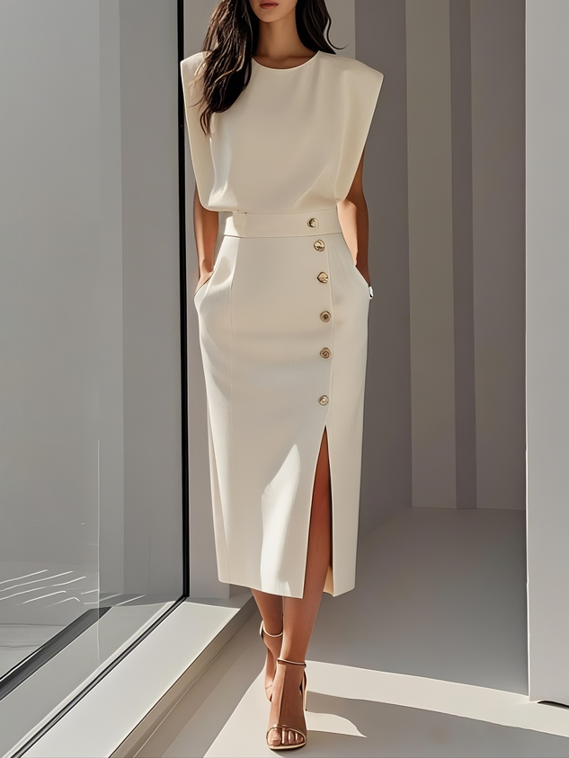 Women’s Midi Dress Sleeveless Button Front Elegant Style 0