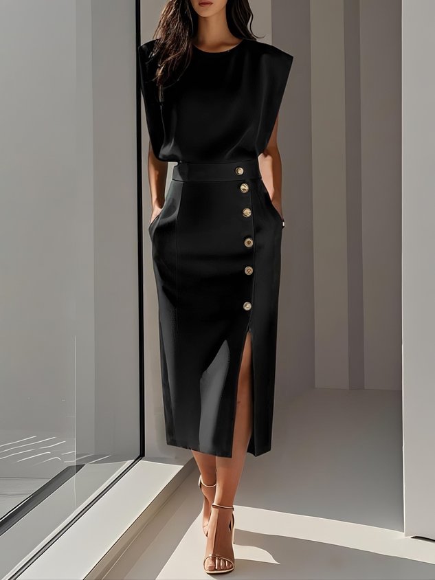 Women’s Midi Dress Sleeveless Button Front Elegant Style 1