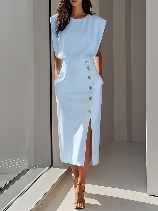 Women’s Midi Dress Sleeveless Button Front Elegant Style 2