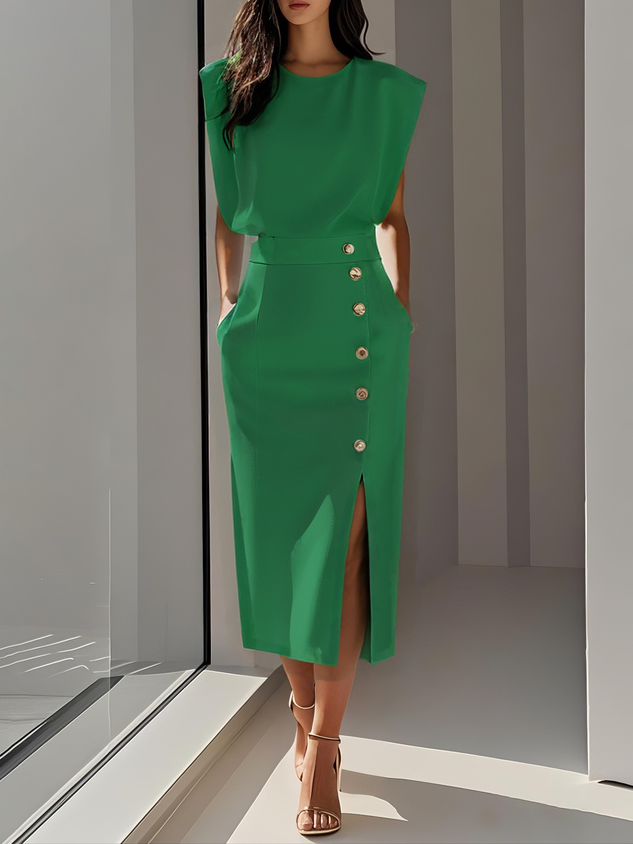 Women’s Midi Dress Sleeveless Button Front Elegant Style 3