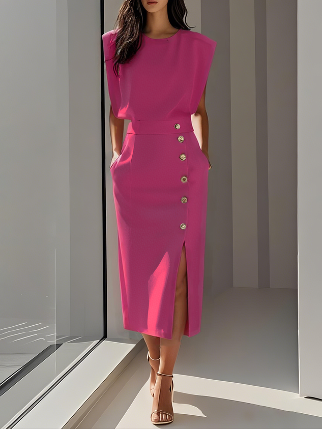 Women’s Midi Dress Sleeveless Button Front Elegant Style 6