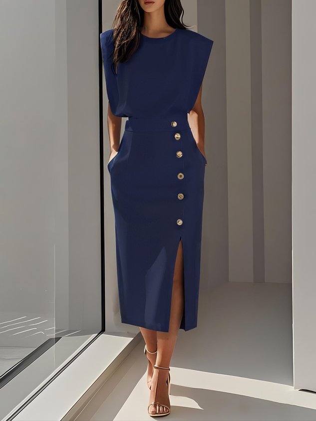 Women’s Midi Dress Sleeveless Button Front Elegant Style 7