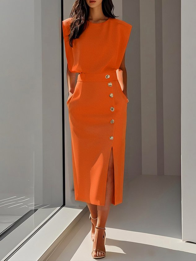 Women’s Midi Dress Sleeveless Button Front Elegant Style 8