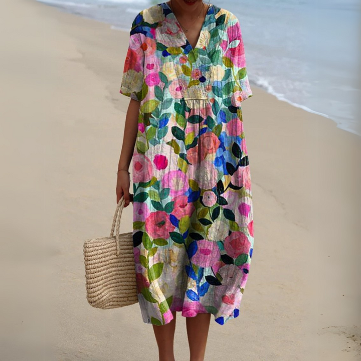 Women’s Multicolor V-Neck Dress Lightweight Summer Style 0
