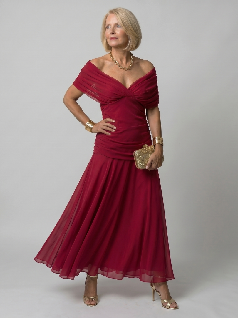 Women’s Off Shoulder Midi Dress Draped Neckline Design 10