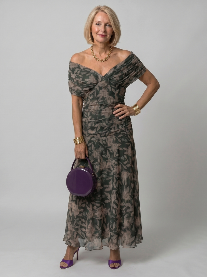 Women’s Off Shoulder Midi Dress Draped Neckline Design 6