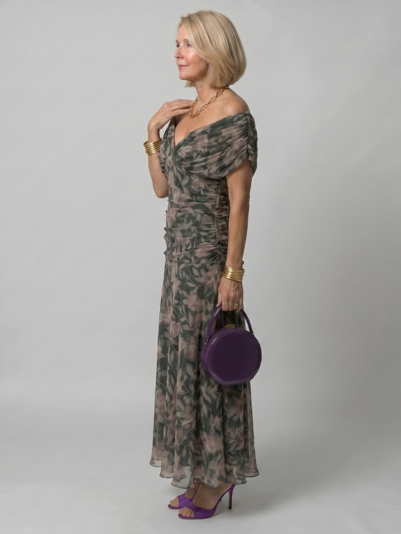 Women’s Off Shoulder Midi Dress Draped Neckline Design 7