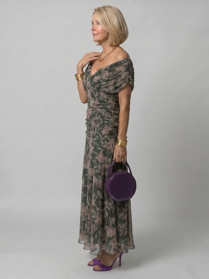Women’s Off Shoulder Midi Dress Draped Neckline Design 7