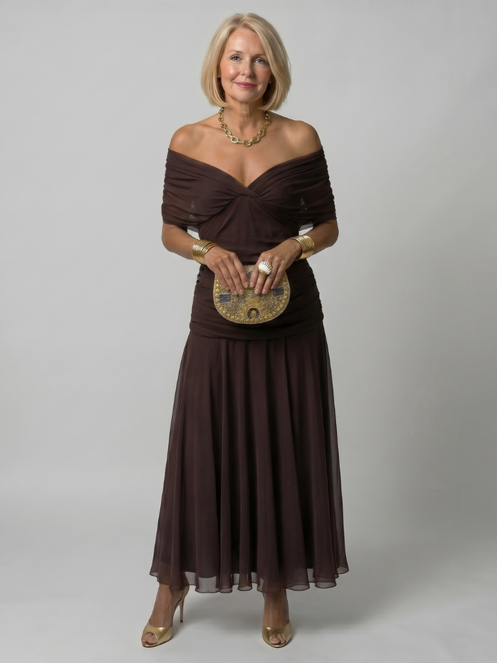 Women’s Off Shoulder Midi Dress Draped Neckline Design 9