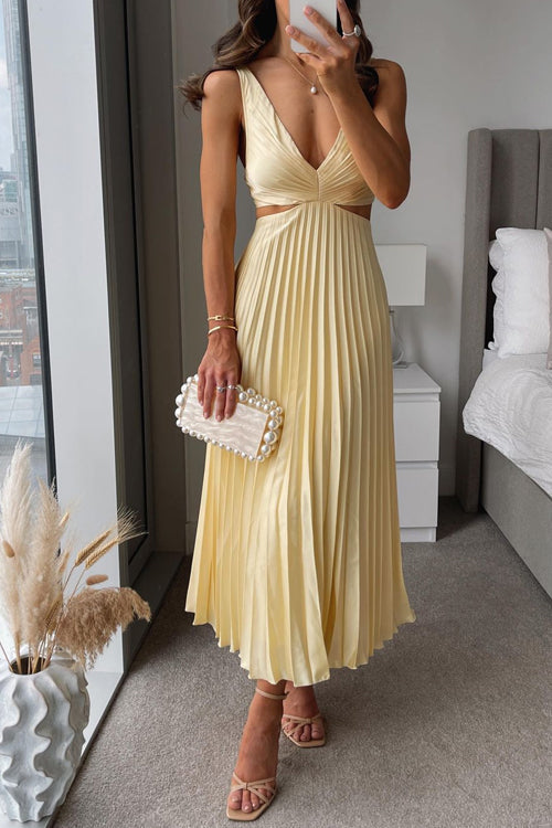 Women’s Pleated Maxi Dress Elegant V-Neck Sleeveless Style 0
