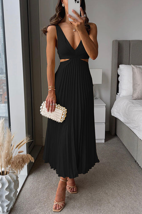 Women’s Pleated Maxi Dress Elegant V-Neck Sleeveless Style 1