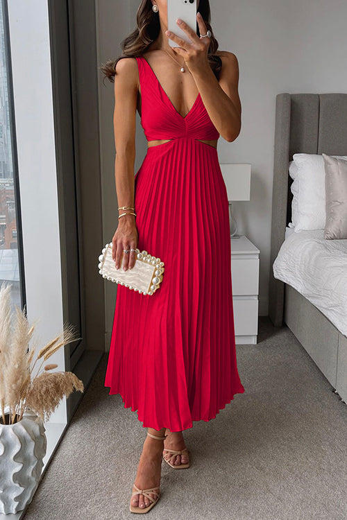 Women’s Pleated Maxi Dress Elegant V-Neck Sleeveless Style 3