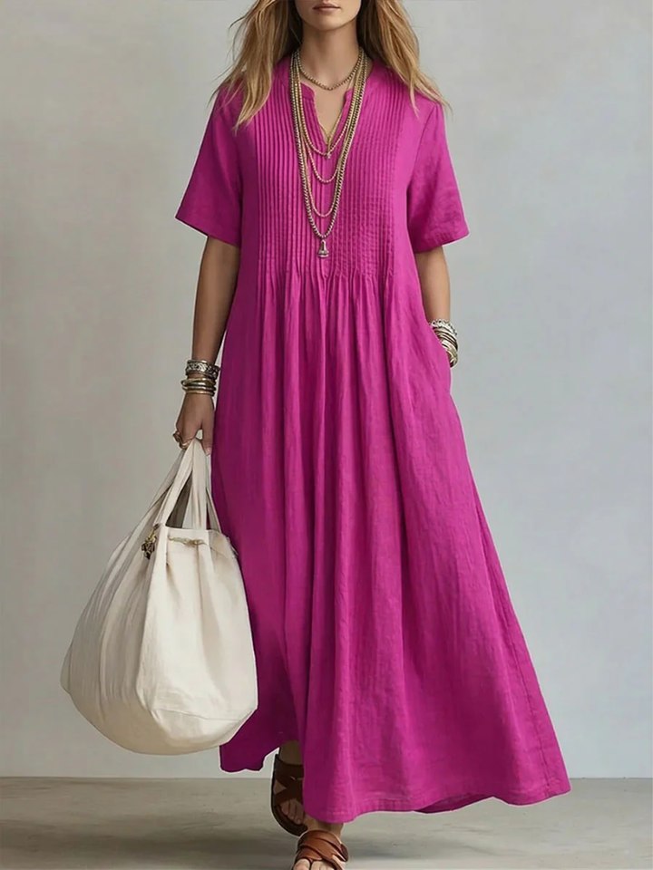 Women’s Pleated Maxi Dress Soft Linen Fabric with Pockets 0