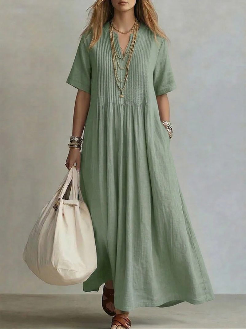 Women’s Pleated Maxi Dress Soft Linen Fabric with Pockets 1