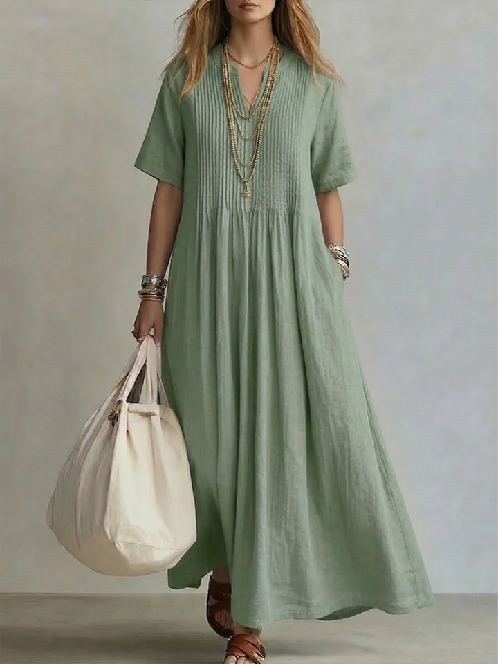 Women’s Pleated Maxi Dress Soft Linen Fabric with Pockets 1