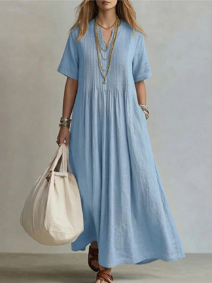 Women’s Pleated Maxi Dress Soft Linen Fabric with Pockets 2