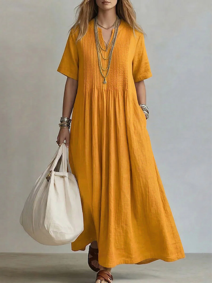 Women’s Pleated Maxi Dress Soft Linen Fabric with Pockets 3