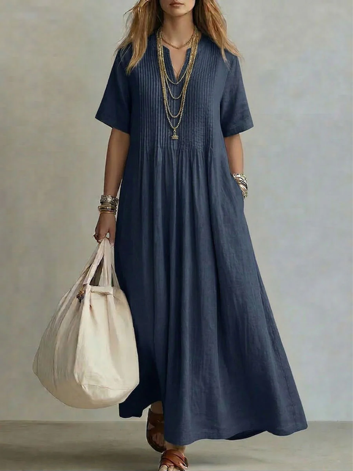 Women’s Pleated Maxi Dress Soft Linen Fabric with Pockets 4