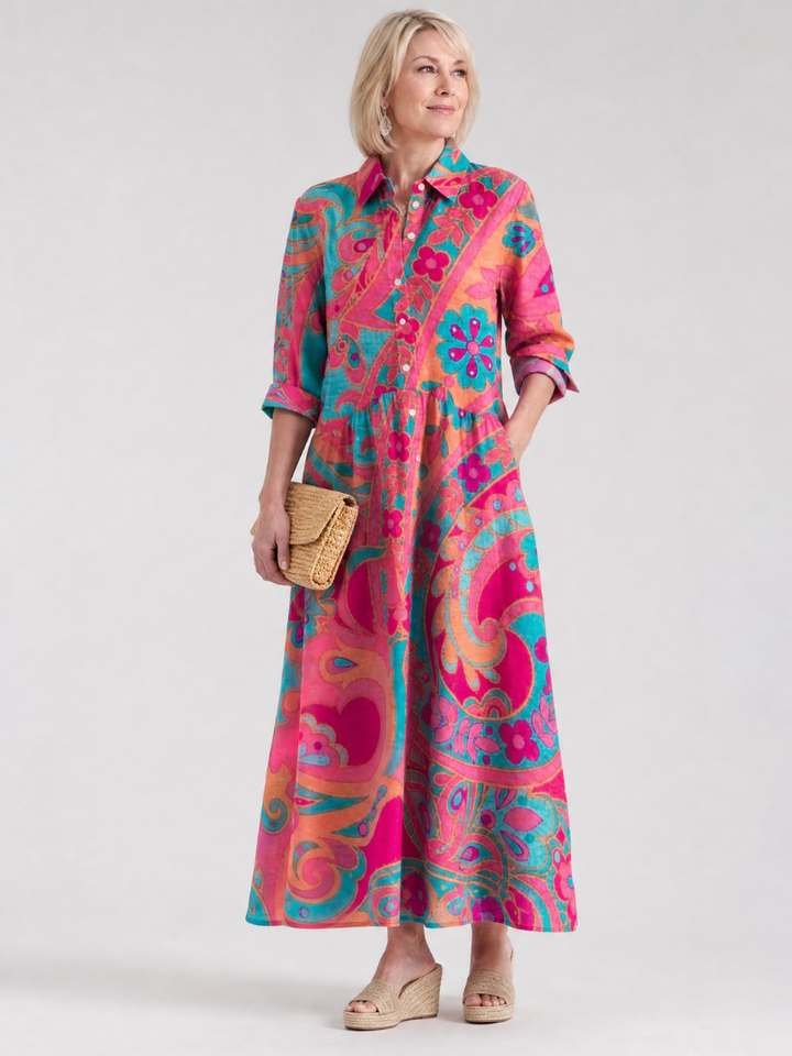 Women’s Printed Midi Dress Button Front Collared Style 0