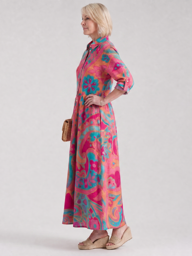 Women’s Printed Midi Dress Button Front Collared Style 1