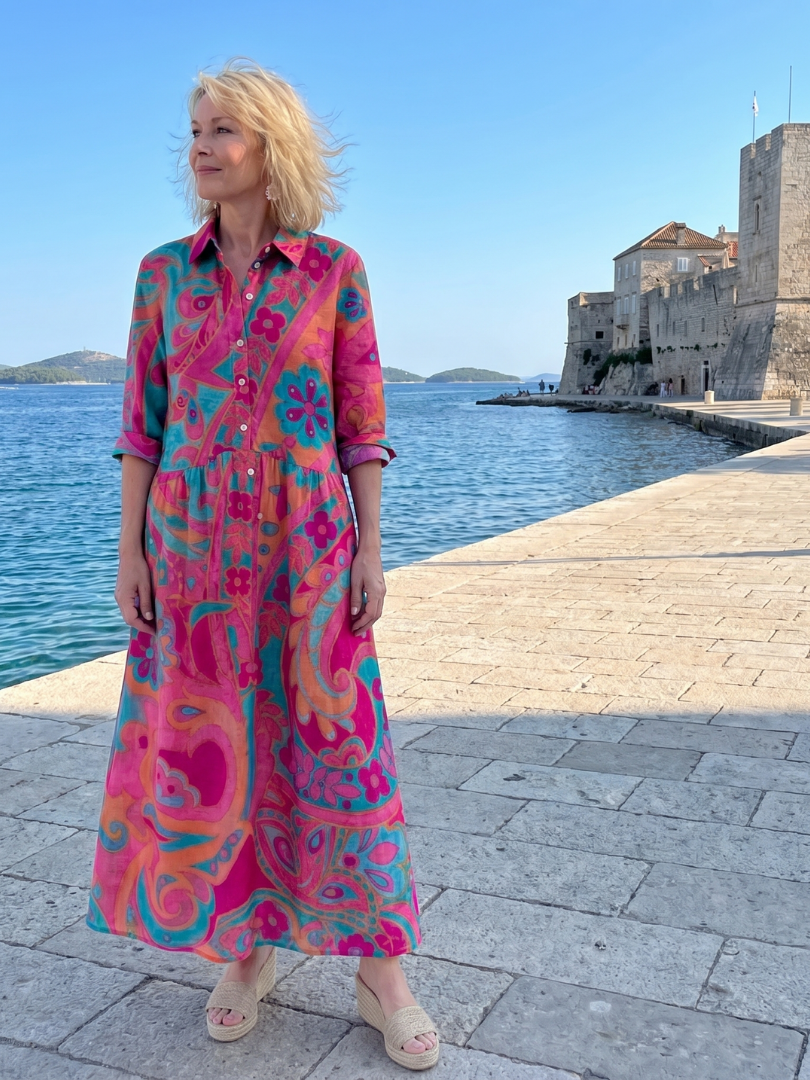 Women’s Printed Midi Dress Button Front Collared Style 4
