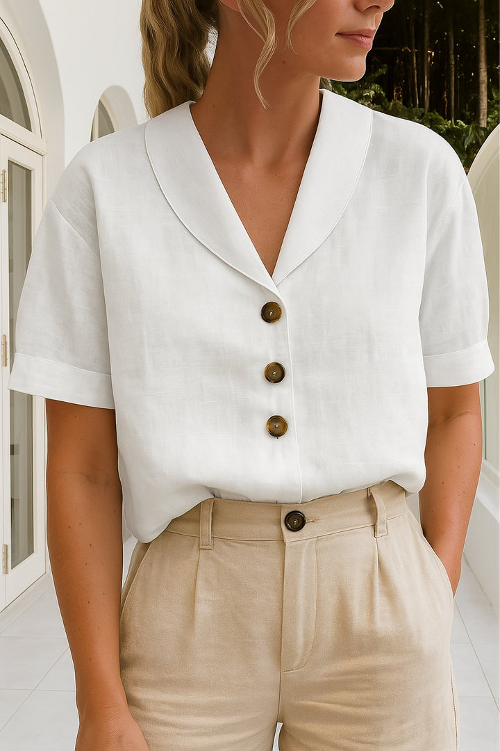 Women’s Relaxed-Fit Button-Front Blouse Short-Sleeve Summer Style 0