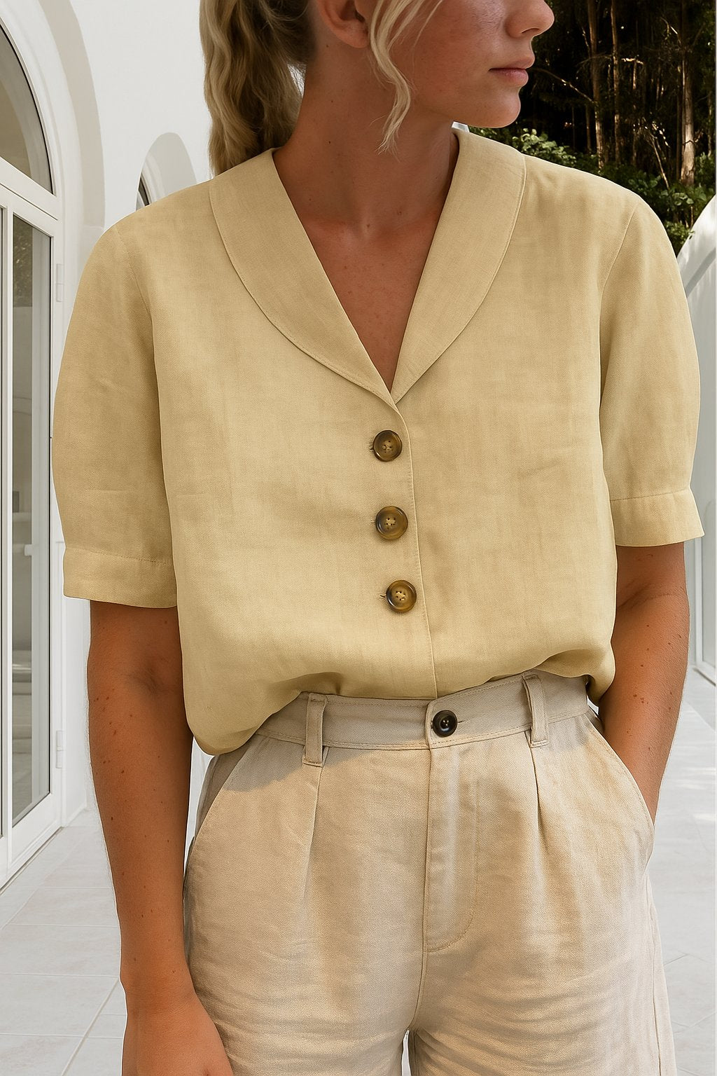 Women’s Relaxed-Fit Button-Front Blouse Short-Sleeve Summer Style 1